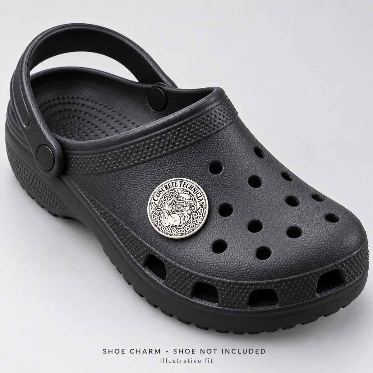 Illustrative view of Concrete Technician shoe charm fitted to a black clog; shoe not included